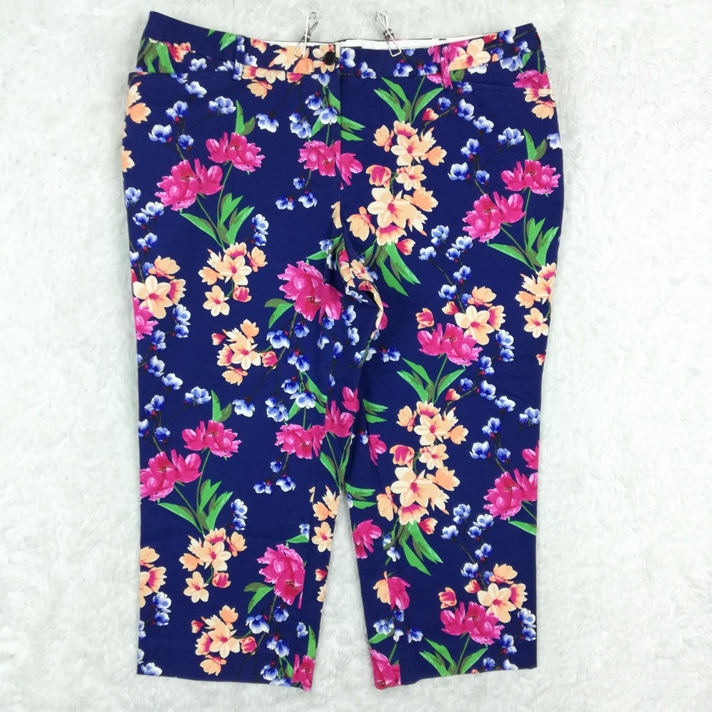 Lands End Womens Pants Straight Leg Capri Blue Floral Mid Rise Plus 18W